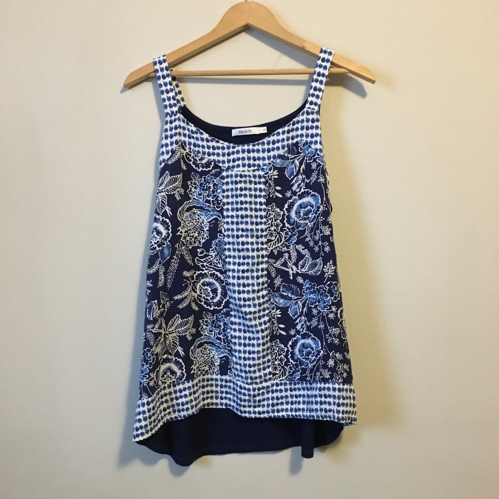 Ricki's Blue & White Mixed Pattern Rayon Floral Droptail Tank Top L Cottagecore